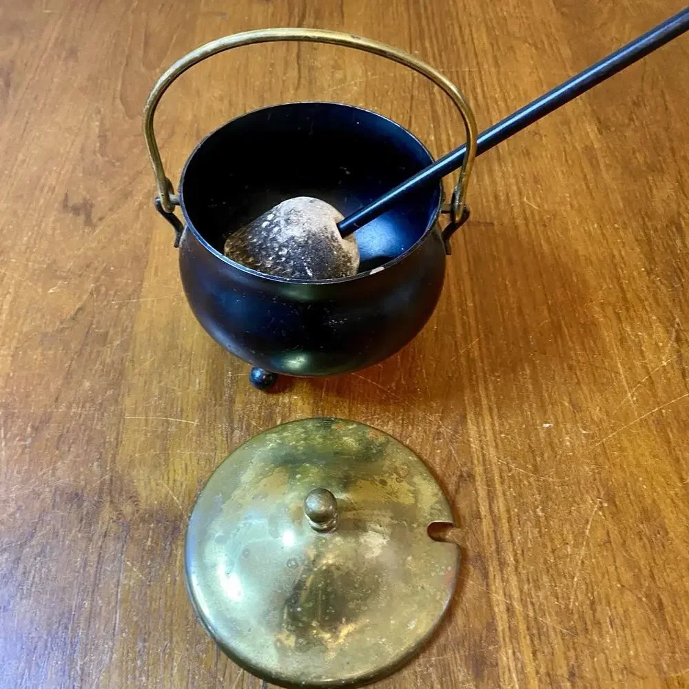 Vintage Cast Iron Fire Starter Smudge Pot With Brass Accents Lid And Pumice Wand